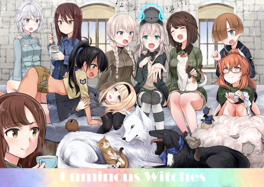 6+girls absurdres aila_paivikki_linnamaa aohashi_ame bed bird black_hair black_swan_(bird) black_thighhighs blonde_hair blue_eyes blush braid breasts brown_eyes brown_hair brown_shorts cat closed_eyes closed_mouth coffee coffee_mug cup dog eleonore_giovanna_gassion glasses green_eyes hair_over_one_eye hairband hand_on_another's_back highres indoors joanna_elizabeth_stafford kiwi_(bird) long_hair looking_at_another looking_at_viewer luminous_witches lyudmila_andreyevna_ruslanova manaia_matawhaura_hato maria_magdalena_dietrich medium_breasts midriff military military_uniform miniskirt mug multiple_girls on_bed open_mouth orange_hair ponytail sheep shibuya_inori short_hair shorts sitting skirt small_breasts smile squirrel striped striped_thighhighs sylvie_cariello thighhighs twin_braids uniform virginia_robertson white_hair window world_witches_series yellow_eyes yuri