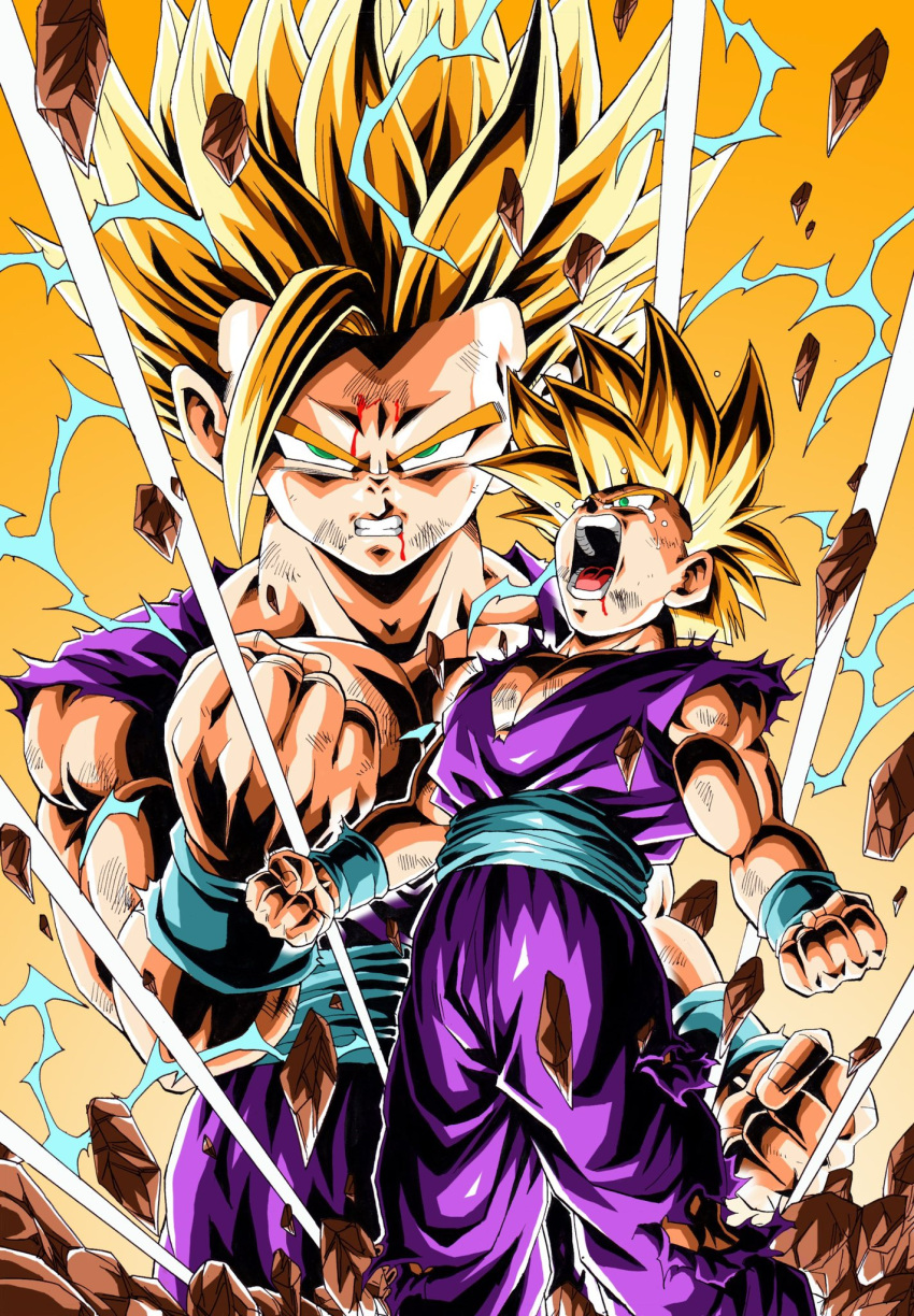 1boy angry battle_damage blonde_hair clenched_hands debris dragon_ball dragon_ball_z electricity green_eyes highres looking_at_viewer male_focus multiple_views open_mouth son_gohan spiked_hair super_saiyan super_saiyan_1 super_saiyan_2 tears torn_clothes transformation youngjijii