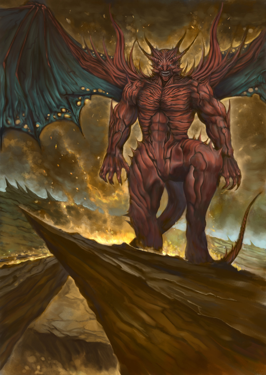 colored_skin creature demon demon_horns fantasy heavy_metal highres horns leg_up madowl mountainous_horizon muscular original red_skin red_wings rock sharp_teeth standing teeth underworld wings