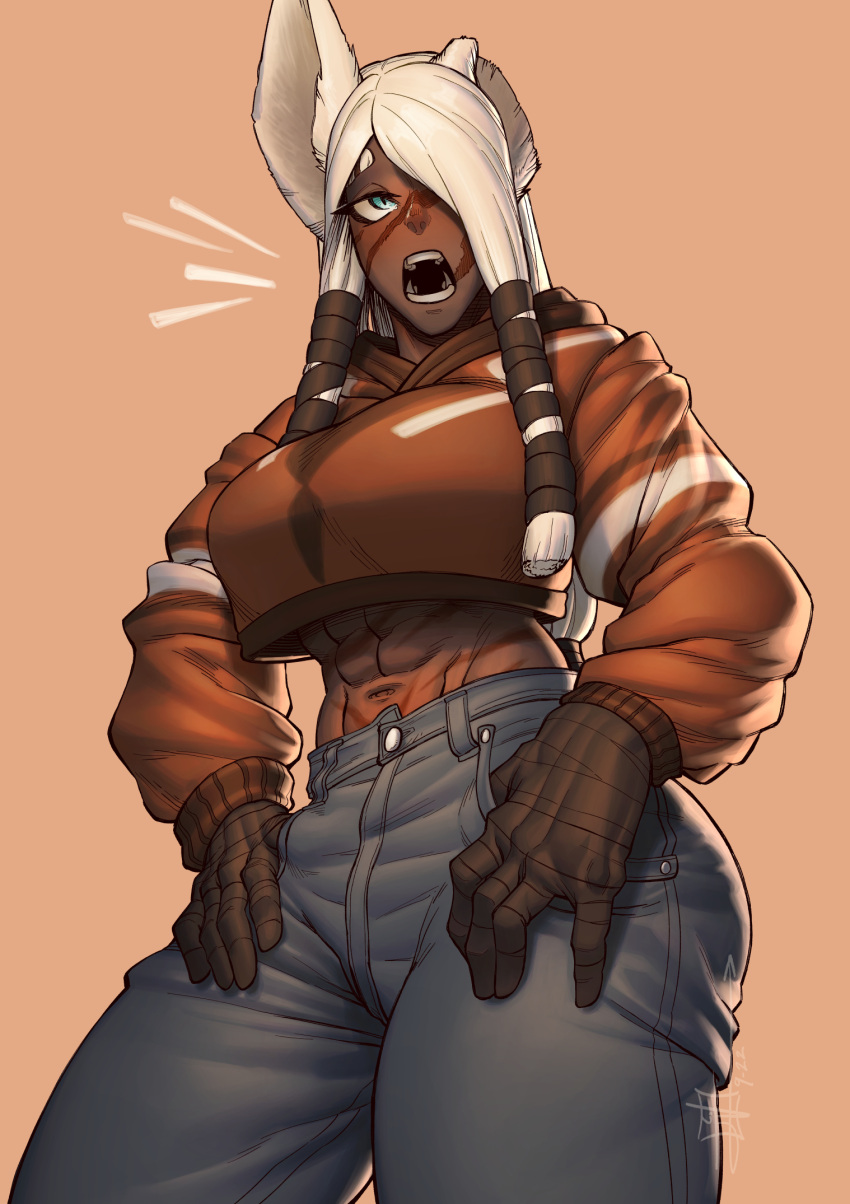 1girl abs animal_ears blue_eyes breasts brown_hoodie clip_studio_paint_(medium) cropped_hoodie dark-skinned_female dark_skin denim english_commentary hair_tubes highres hood hood_down hoodie jackal_ears jeans joseph_virtuoso large_breasts long_hair low-tied_long_hair mechanical_arms midriff muscular muscular_female narrow_waist navel one-eyed open_mouth original pants scar scar_on_face scar_on_stomach sidelocks single_animal_ear slit_pupils solo taiga_damada_(joseph_virtuoso) thick_thighs thighs thumbs_in_pockets white_hair