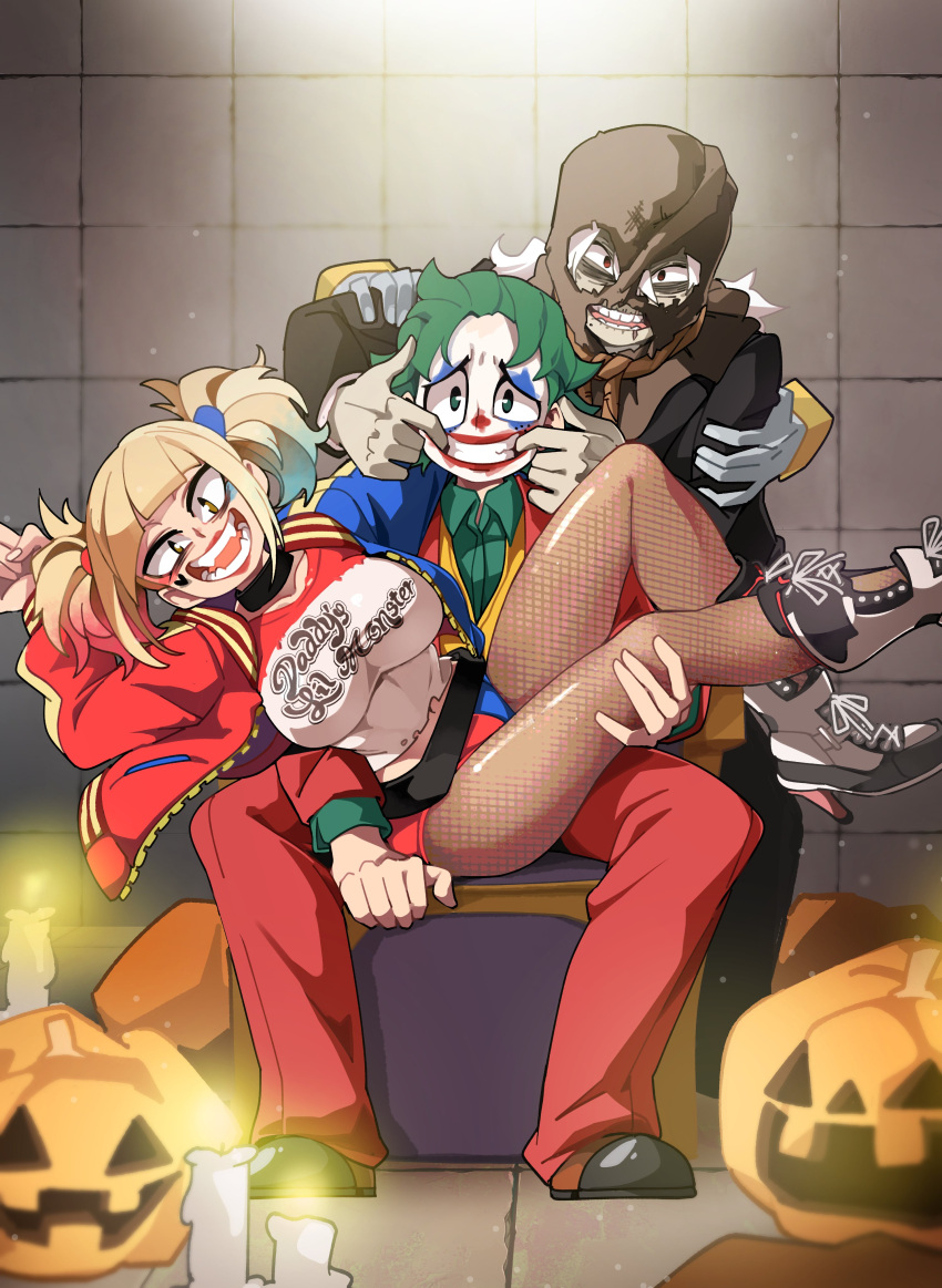 1girl 2boys :d absurdres bangs boku_no_hero_academia bongfill breasts brown_pantyhose choker collarbone collared_shirt cosplay fangs finger_in_another's_mouth fishnet_pantyhose fishnets green_eyes green_shirt grin harley_quinn harley_quinn_(cosplay) heart heart_tattoo highres jack-o'-lantern jacket joker_(dc) joker_(dc)_(cosplay) large_breasts long_sleeves looking_at_viewer midoriya_izuku multiple_boys open_clothes open_jacket pants pantyhose pumpkin red_lips red_pants red_shirt rope scarecrow_(batman) scarecrow_(batman)_(cosplay) shigaraki_tomura shirt shoes smile tattoo teeth toga_himiko twintails white_shirt wrinkled_skin
