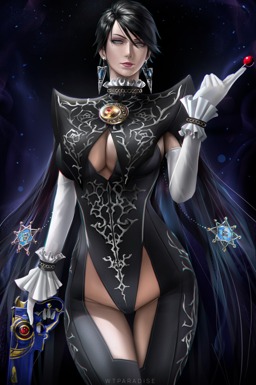 1girl absurdres artist_name bangs bayonetta bayonetta_(series) bayonetta_2 black_hair blue_eyes breasts candy closed_mouth commentary earrings elbow_gloves food frills gloves gun hand_up handgun highres holding holding_weapon jewelry leotard lips lipstick lollipop looking_at_viewer makeup mole mole_under_mouth shiny shiny_hair short_hair simple_background skin_tight solo thighs trigger_discipline weapon wtparadise