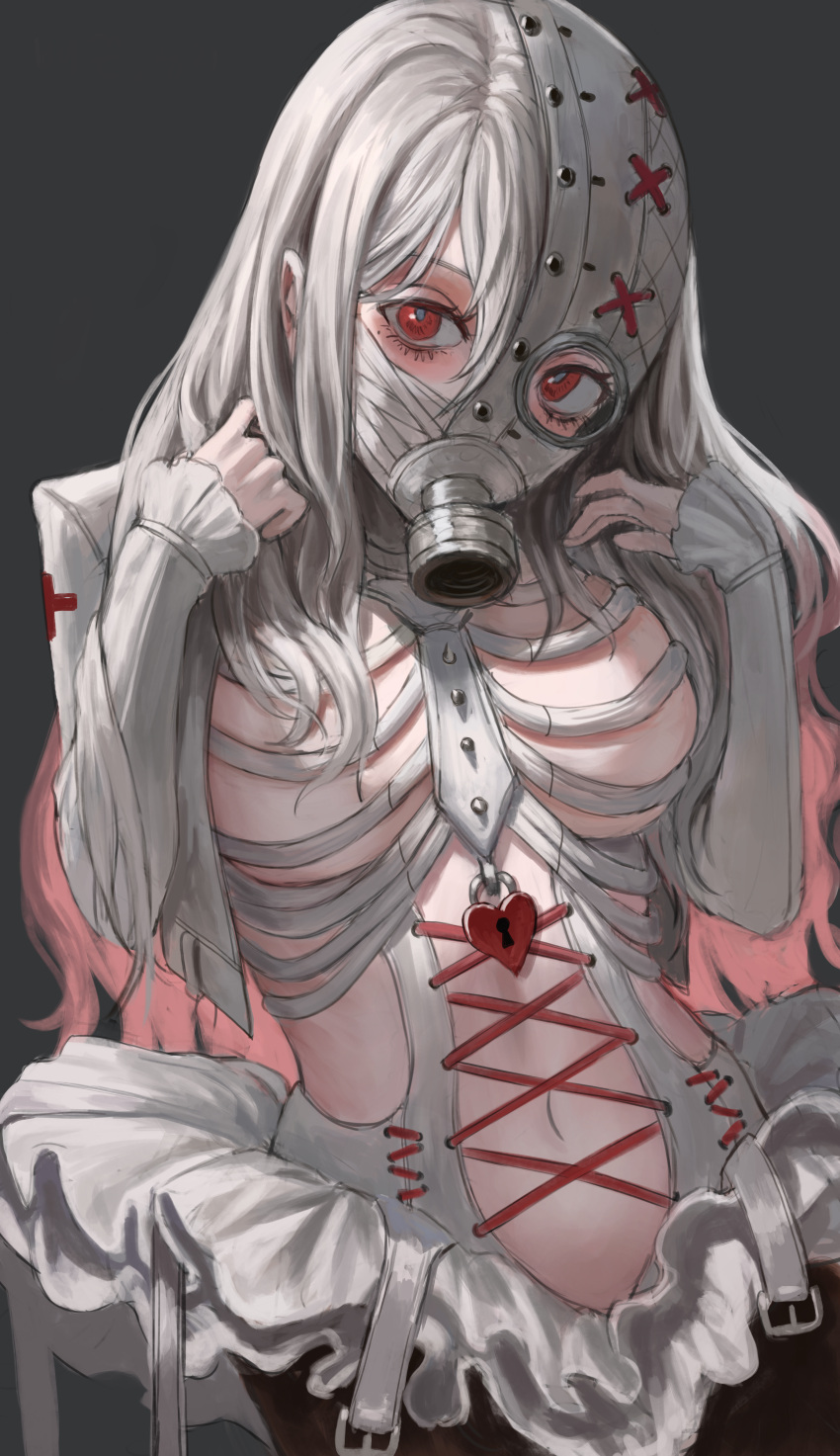 1girl absurdres ballerina breasts commentary dated_commentary english_commentary frilled_sleeves frills gas_mask gold_can grey_background hair_between_eyes highres lock long_hair long_sleeves mask navel necktie original padlock red_eyes simple_background solo tutu white_necktie
