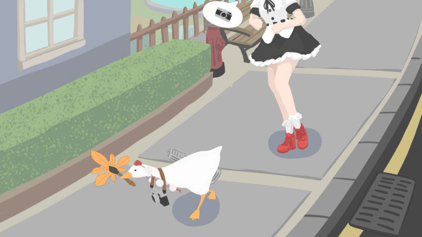 1girl bird black_skirt camera chasing commentary_request crossover fasnakegod frilled_skirt frills goose goose_(untitled_goose_game) hand_fan hat hauchiwa parody red_footwear shameimaru_aya shirt skirt style_parody theft tokin_hat touhou untitled_goose_game white_shirt