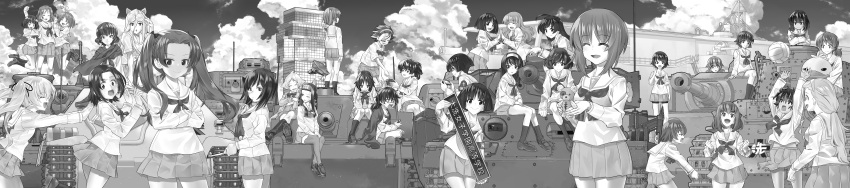 6+girls absurdres adjusting_eyewear ahoge aircraft_carrier akiyama_yukari anglerfish animal_ears arms_up bangs bike_shorts_under_skirt blouse blunt_bangs blunt_ends blurry blurry_background bob_cut bump_(volleyball) caesar_(girls_und_panzer) cat_ears char_b1 clenched_hands clipboard closed_eyes closed_mouth cloud cloudy_sky coke-bottle_glasses commentary_request crossed_arms crossed_legs dark-skinned_female dark_skin day depth_of_field duck_head emblem erwin_(girls_und_panzer) everyone eyepatch facing_viewer fake_animal_ears flexing food frown fruit girls_und_panzer glasses gotou_moyoko greyscale grin ground_vehicle hair_between_eyes hair_pulled_back hair_ribbon hair_tie hairband hand_to_own_mouth handheld_game_console hands_on_lap hanging hat hat_removed headband headwear_removed highres holding holding_clipboard holding_clothes holding_handheld_game_console holding_hat holding_pencil holding_sign holding_stuffed_toy hoshino_(girls_und_panzer) incredibly_absurdres indian_style inou_takashi interlocked_fingers isobe_noriko isuzu_hana jagdpanzer_38(t) kadotani_anzu kawanishi_shinobu kawashima_momo knees_together_feet_apart kondou_taeko konparu_nozomi koyama_yuzu leaning_forward legs_up loafers long_hair long_sleeves looking_at_another looking_at_viewer looking_back low_ponytail low_twintails lying m3_lee maruyama_saki medium_hair messy_hair midriff_peek military military_vehicle miniskirt momogaa_(girls_und_panzer) monochrome monocle motor_vehicle multiple_girls nakajima_(girls_und_panzer) neckerchief nekonyaa_(girls_und_panzer) nishizumi_miho no_hairband no_headband official_art on_back on_vehicle one_eye_closed ooarai_(emblem) ooarai_marine_tower ooarai_school_uniform oono_aya open_mouth oryou_(girls_und_panzer) ou_taiga outdoors own_hands_together panzerkampfwagen_iv parted_bangs parted_lips peach peaked_cap pencil piyotan_(girls_und_panzer) playing_games pleated_skirt pointy_hair pose pushing reizei_mako ribbon saemonza_(girls_und_panzer) sailor_collar sakaguchi_karina sanada_clan_(emblem) sasaki_akebi sawa_azusa scarf school_uniform semi-rimless_eyewear serafuku ship shirt shoes short_hair short_ponytail short_sleeves sign sitting skirt sky sleeves_rolled_up smile sneakers socks sono_midoriko standing stuffed_animal stuffed_toy sturmgeschutz_iii suzuki_(girls_und_panzer) takebe_saori tank teddy_bear thighhighs tiger_(p) tsuchiya_(girls_und_panzer) twintails type_89_i-gou under-rim_eyewear utsugi_yuuki volleyball warship watercraft wide_image yamagou_ayumi zuikaku_(girls_und_panzer)