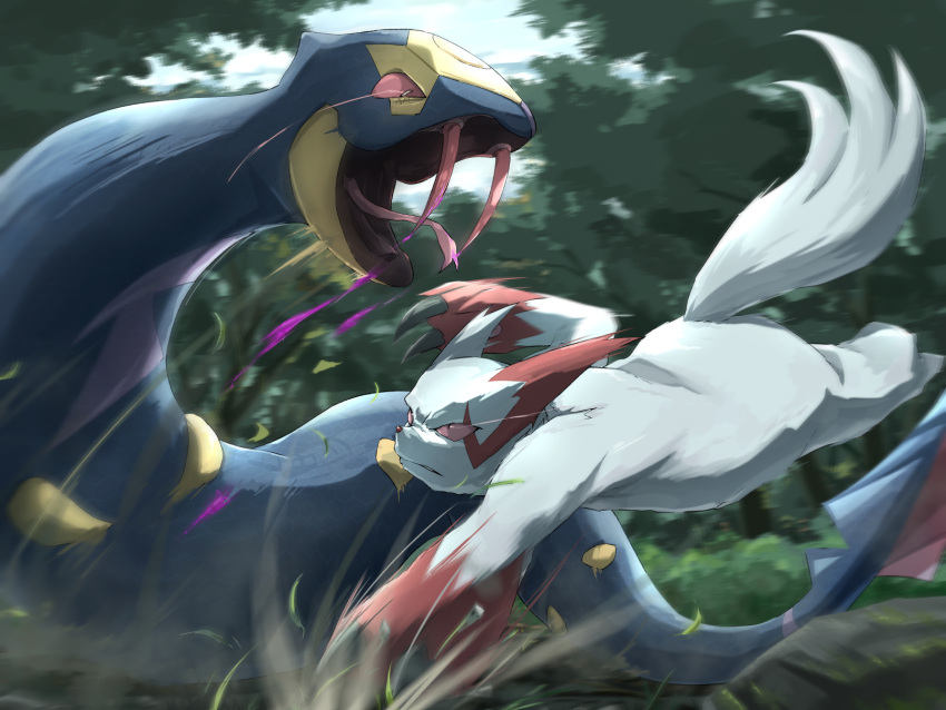 action_pose anthro claws duo fangs feral fight forest fur generation_3_pokemon hi_res itsukinozumi nintendo pink_eyes plant poison pokemon pokemon_(species) pose red_eyes reptile scalie seviper sharp_teeth slash snake teeth tree video_games white_body white_fur zangoose