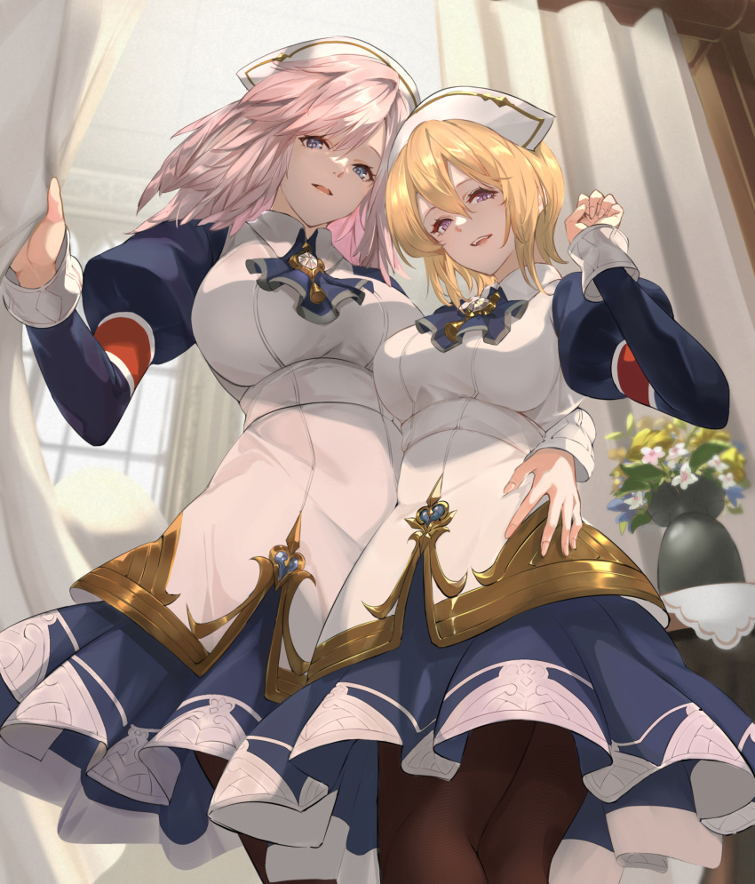 2girls :d alternate_costume ascot bangs blonde_hair blue_ascot blue_dress blue_eyes blurry blurry_background breasts brown_pantyhose collared_dress curtains dress europa_(granblue_fantasy) flower from_below gabriel_(granblue_fantasy) granblue_fantasy hair_between_eyes hand_on_another's_hip hand_up hat highres large_breasts long_hair long_sleeves looking_at_viewer medium_breasts multiple_girls nos nurse_cap open_mouth pantyhose pink_hair purple_eyes short_hair smile teeth two-tone_dress upper_teeth vase white_dress