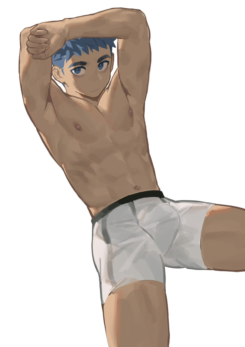 1boy bishounen blue_eyes blue_hair bulge commentary_request feet_out_of_frame highres looking_at_viewer male_focus male_underwear ming_feng_(disx_sleep) nipples original pectorals short_hair simple_background solo stomach thick_eyebrows thighs toned toned_male topless_male underwear white_background white_male_underwear