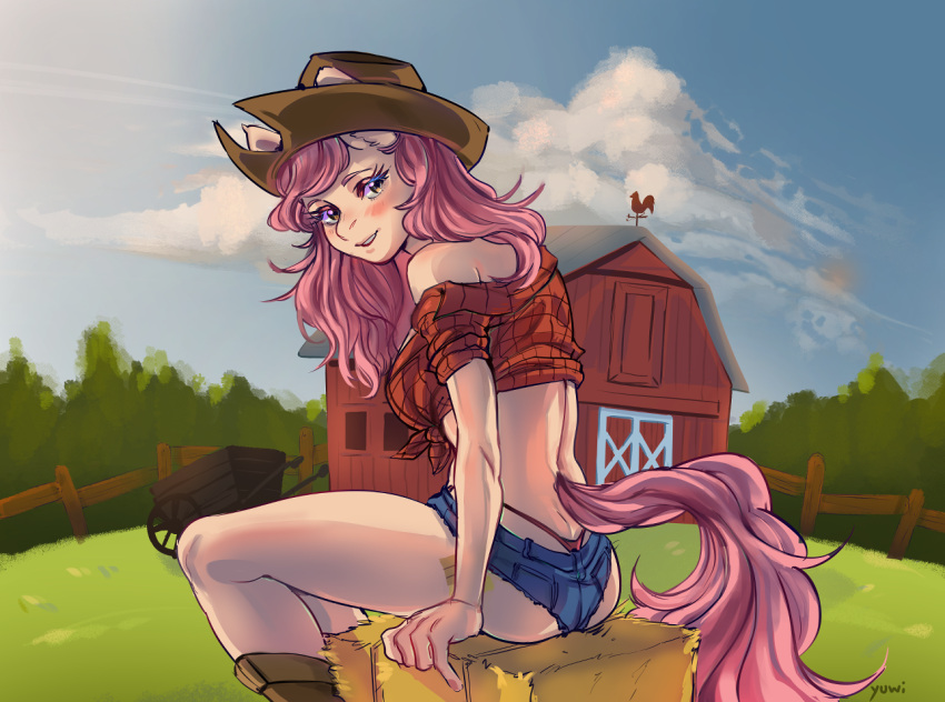 anthro bottomwear breasts butt chilling clothing cloudscape commissionart cowgirl_outfit cowgirl_style earth_pony equid equine fan_character farm_girl female hasbro horse hotpants looking_at_viewer looking_back mammal my_little_pony pony shorts sky slim small_breasts small_butt solo sunny thong underwear ych_result yuwi-cyu