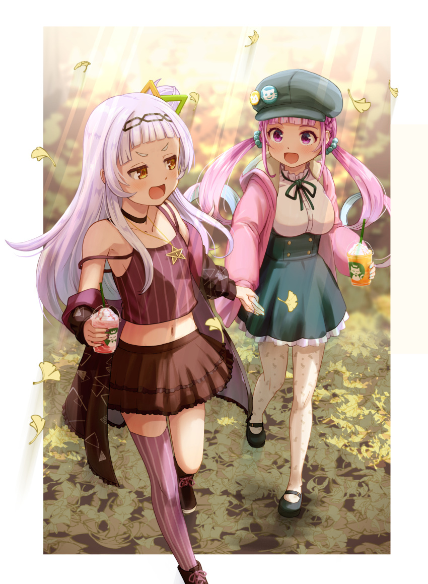 2girls bangs blunt_bangs brand_name_imitation breasts choker commentary_request crop_top detached_sleeves drinking_straw falling_leaves frappuccino hair_ornament hair_scrunchie hairband haniwa_(leaf_garden) hat high-waist_skirt highres holding_hands hololive jacket large_breasts leaf long_hair long_sleeves midriff minato_aqua multiple_girls murasaki_shion navel open_mouth pentagram pink_hair pink_jacket pleated_skirt purple_eyes purple_hair scrunchie single_thighhigh skirt small_breasts smile thighhighs twintails virtual_youtuber whipped_cream
