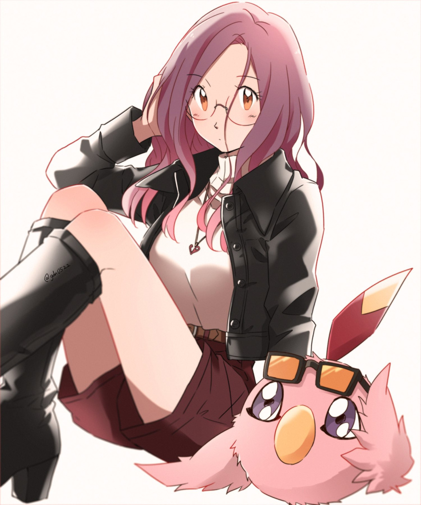 1girl alternate_costume bangs bird boots digimon digimon_(creature) digimon_adventure_02 gdn0522 glasses hair_down highres inoue_miyako jacket jewelry leather leather_jacket long_hair looking_at_viewer necklace poromon shorts sunglasses turtleneck white_background wings yellow_eyes