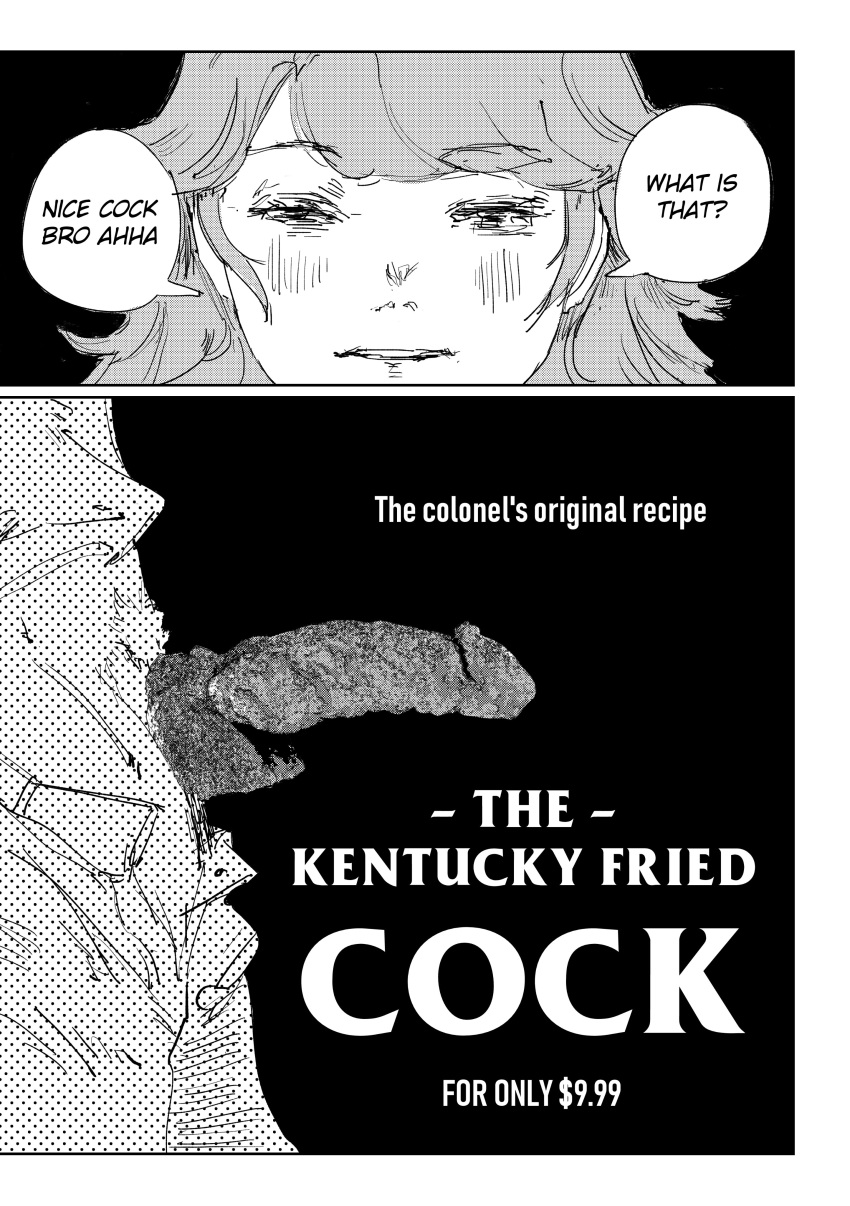 1boy 1girl absurdres colonel_sanders english_text erection fried_chicken highres hololive hololive_english kfc mutation penis price pubic_hair right-to-left_comic speech_bubble takanashi_kiara xyanaid
