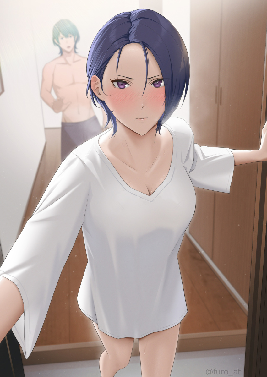 1boy 1girl absurdres alternate_costume blush borrowed_garments breasts byleth_(fire_emblem) byleth_(fire_emblem)_(male) closed_mouth collarbone commentary_request contemporary fire_emblem fire_emblem:_three_houses green_hair highres homomomomon indoors long_sleeves looking_at_viewer medium_breasts muscular muscular_male naked_shirt opening_door pov purple_eyes purple_hair shamir_nevrand shirt short_hair sweat t-shirt topless_male twitter_username white_shirt