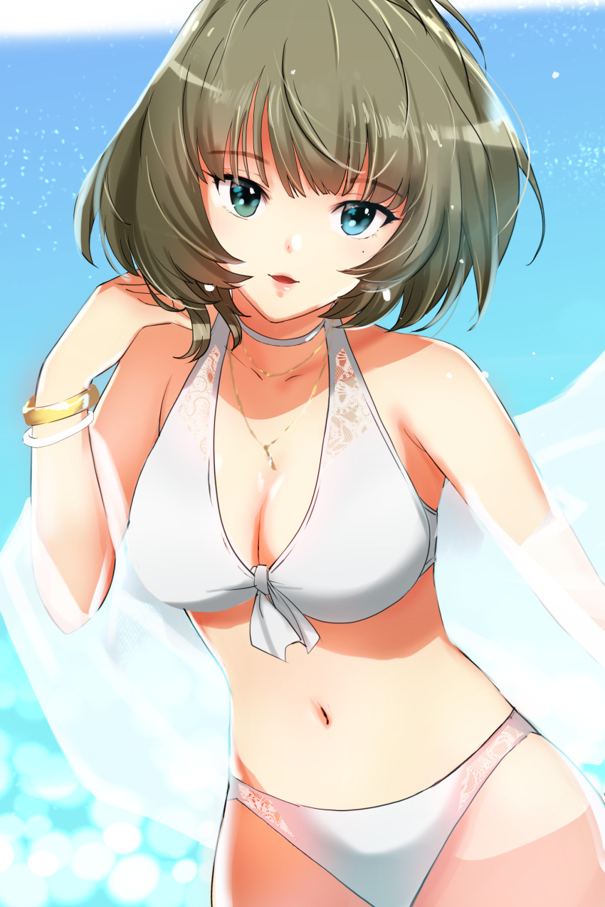 1girl bikini blue_eyes bracelet breasts choker cleavage front-tie_bikini_top front-tie_top green_eyes green_hair heterochromia highres idolmaster idolmaster_cinderella_girls jewelry large_breasts mole mole_under_eye navel necklace solo swimsuit takagaki_kaede tanaka_yutaka upper_body veil white_bikini white_choker