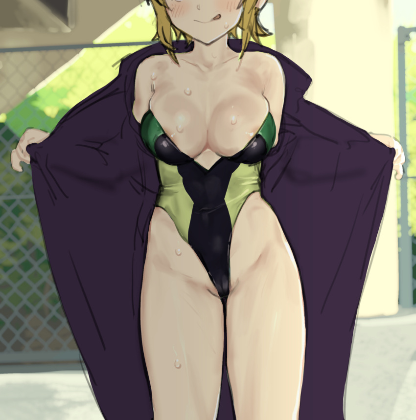 1girl 2equal8 :q areola_slip blonde_hair breasts cleavage coat head_out_of_frame highleg highleg_swimsuit highres large_breasts one-piece_swimsuit open_clothes open_coat original short_hair sketch solo standing sweat swimsuit tongue tongue_out