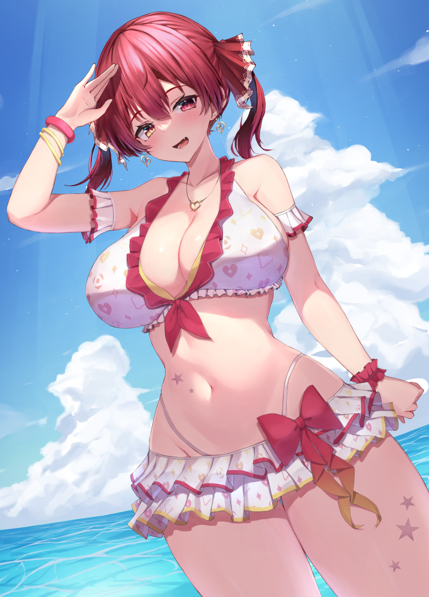 1girl :d absurdres arm_up bare_shoulders bikini bikini_skirt blue_sky breasts cleavage cloud collarbone cowboy_shot day earrings fang frilled_bikini frills heart heart_earrings heart_necklace heterochromia highres hololive houshou_marine jewelry large_breasts layered_skirt light_rays looking_at_viewer nai_(cnoadi8) navel necklace ocean open_mouth print_bikini red_eyes red_hair short_hair short_twintails skin_fang skirt sky smile solo stomach sunbeam sunlight swimsuit thigh_gap twintails virtual_youtuber water white_bikini white_skirt wristband yellow_eyes