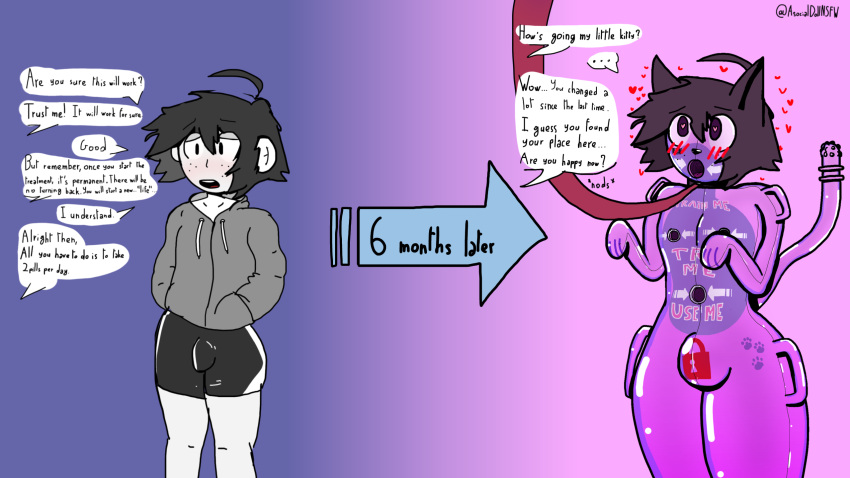 16:9 animate_inanimate anthro asocialdollnsfw domestic_cat english_text felid feline felis handles_on_hips handles_on_shoulders hi_res human inanimate_transformation leash male mammal rubber sex_doll sex_doll_transformation text transformation widescreen wojak