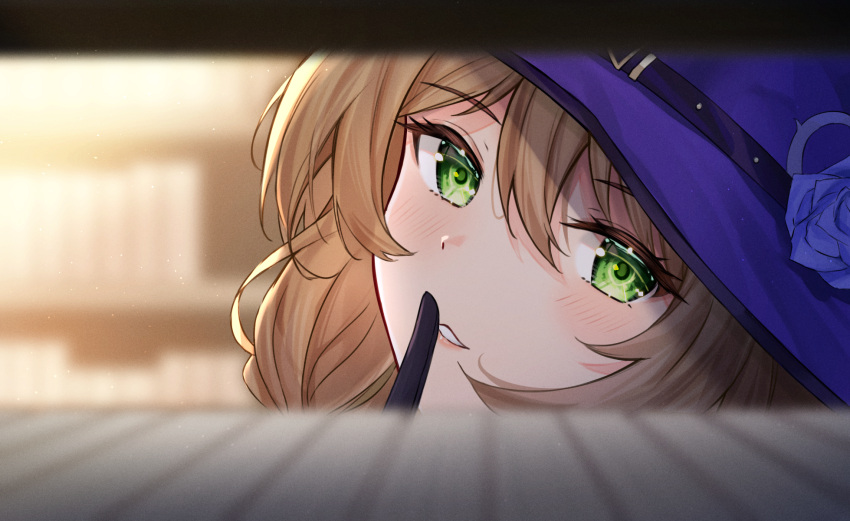 1girl atychi bangs black_gloves blue_flower blue_headwear blue_rose blurry blush brown_hair depth_of_field finger_to_mouth flower genshin_impact gloves green_eyes hair_between_eyes hat hat_flower highres index_finger_raised indoors library lisa_(genshin_impact) long_hair looking_at_viewer parted_lips rose shushing smile solo upper_body