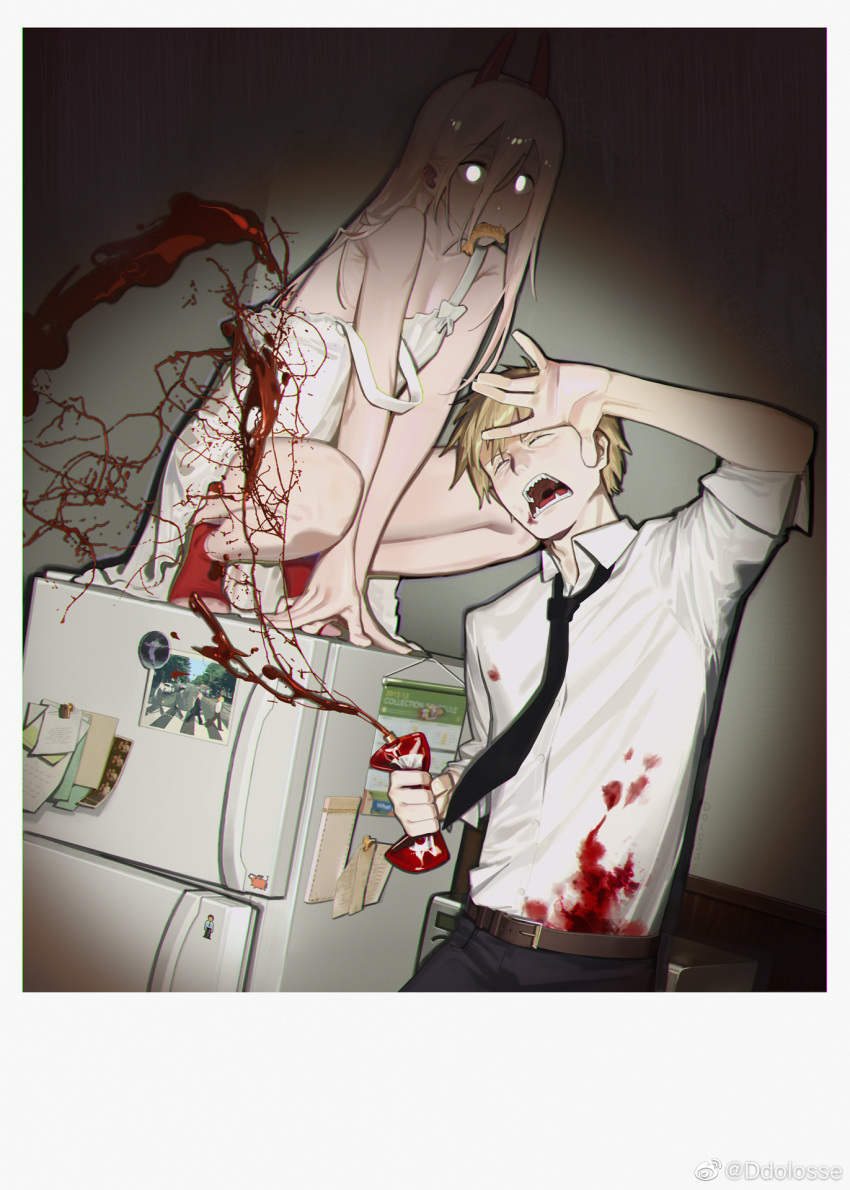 1boy 1girl arm_up bag bangs bare_arms bare_shoulders belt between_legs black_necktie black_pants blonde_hair blood blood_bag blood_on_clothes blood_on_face blood_splatter border brown_belt calendar_(object) chainsaw_man clenched_hand closed_eyes collarbone collared_shirt commentary dark demon_horns denji_(chainsaw_man) dress dutch_angle eggplus food_in_mouth glowing glowing_eyes hair_between_eyes hand_between_legs highres holding holding_bag horns indoors long_hair looking_at_viewer magnet mouth_hold necktie nightgown no_panties open_mouth pants photo_(object) pink_hair polaroid power_(chainsaw_man) red_horns red_socks refrigerator refrigerator_magnet sharp_teeth shirt short_hair sleeves_rolled_up socks spotlight squatting squeezing standing sticker sticky_note strap_slip symbol-only_commentary teeth toeless_legwear weibo_logo weibo_username white_border white_dress white_eyes white_shirt wince