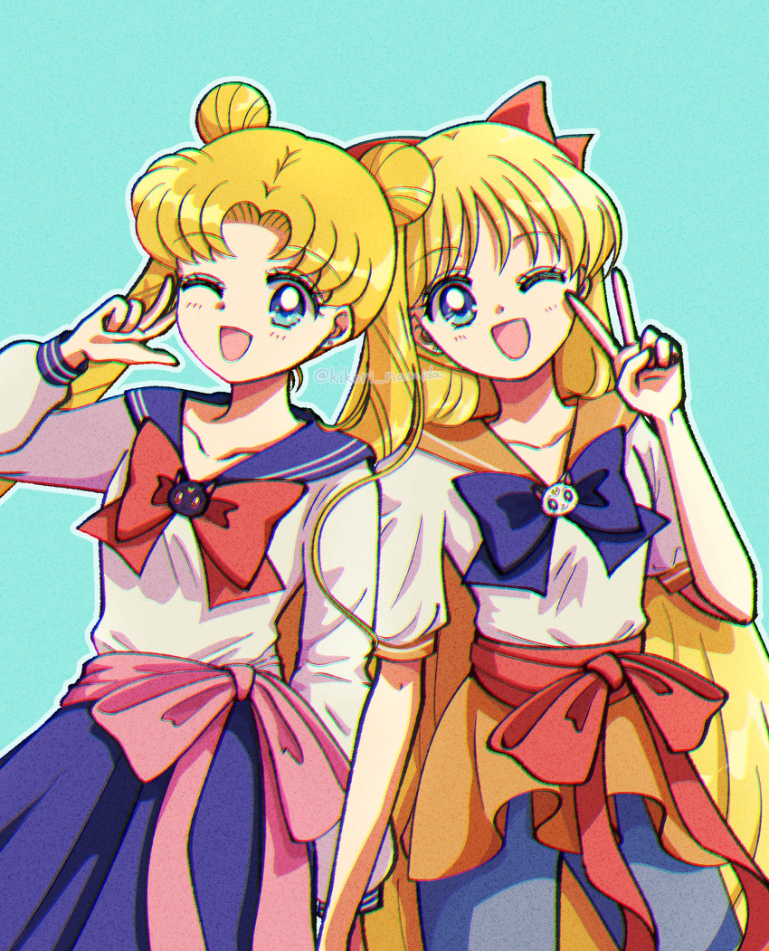 2girls aino_minako artemis_(sailor_moon) bishoujo_senshi_sailor_moon blonde_hair blue_background blue_bow blue_eyes blue_skirt bow highres kikori_namida luna_(sailor_moon) multiple_girls one_eye_closed open_mouth red_bow sailor_moon sailor_venus school_uniform skirt v