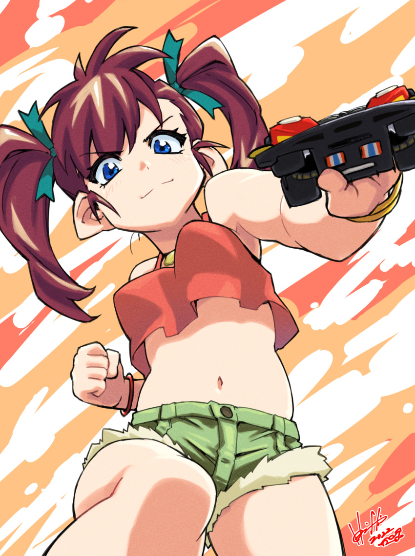 1girl bakusou_kyoudai_let's_&amp;_go!! bakusou_kyoudai_let's_&amp;_go!!_max bangs blue_eyes bracelet breasts commentary fire_stinger from_below highres holding holding_toy hori_shin jewelry long_hair looking_at_viewer medium_breasts midriff mini_4wd navel necklace oogami_marina orange_background red_hair short_shorts shorts signature sleeveless smile solo toy toy_car twintails upper_body