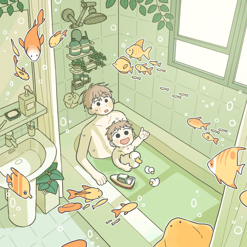 2boys animal bar_soap bath bathroom bathtub black_eyes brown_hair child dated_commentary fish highres holding indoors looking_up male_child male_focus mannerer62 manta_ray multiple_boys nude open_mouth original partially_submerged plant pointing pointing_up potted_plant rubber_duck short_hair shower_head sink smile soap tile_floor tile_wall tiles toy_boat window