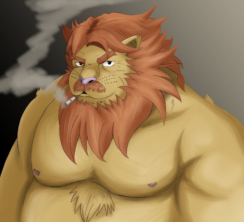 2022 anthro belly big_belly felid hi_res kemono lion male mammal moobs nipples overweight overweight_male pantherine siroihigenokoi smoking solo