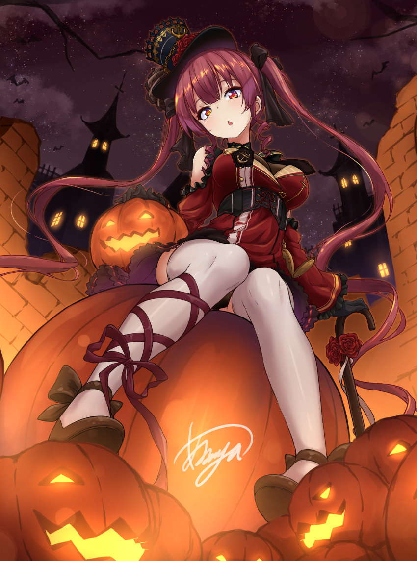 1girl absurdres asanaya bat_(animal) black_gloves black_headwear breasts gloves halloween hat heterochromia highres hololive houshou_marine jack-o'-lantern large_breasts long_hair long_sleeves looking_at_viewer night night_sky outdoors pumpkin red_eyes red_hair signature sitting sky solo star_(sky) starry_sky thighhighs twintails virtual_youtuber white_thighhighs yellow_eyes