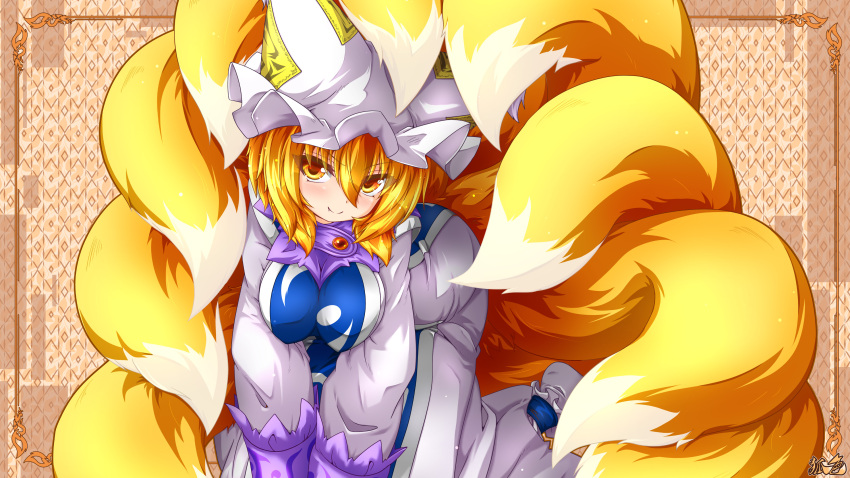 16:9 4k 9_tails absurd_res animal_humanoid big_breasts biped blonde_hair blue_tabard blush breasts brown_pupils canid canid_humanoid canine canine_humanoid clothed clothing colored cute_fangs digital_media_(artwork) dipstick_tail dress eyelashes female fluffy fluffy_tail footwear fox_humanoid front_view full-length_portrait fully_clothed fur glistening glistening_eyes hair hat headgear headwear hi_res humanoid kazami_karasu kneeling looking_at_viewer mammal mammal_humanoid markings monotone_hair multi_tail multicolored_body multicolored_fur multicolored_tail pattern_background portrait pupils ran_yakumo shaded short_hair simple_background smile socks solo tabard tail_markings three-quarter_view touhou two_tone_body two_tone_fur two_tone_tail video_games white_body white_clothing white_dress white_footwear white_fur white_hat white_headwear white_socks white_tail white_tail_tip widescreen yellow_body yellow_eyes yellow_fur yellow_tail
