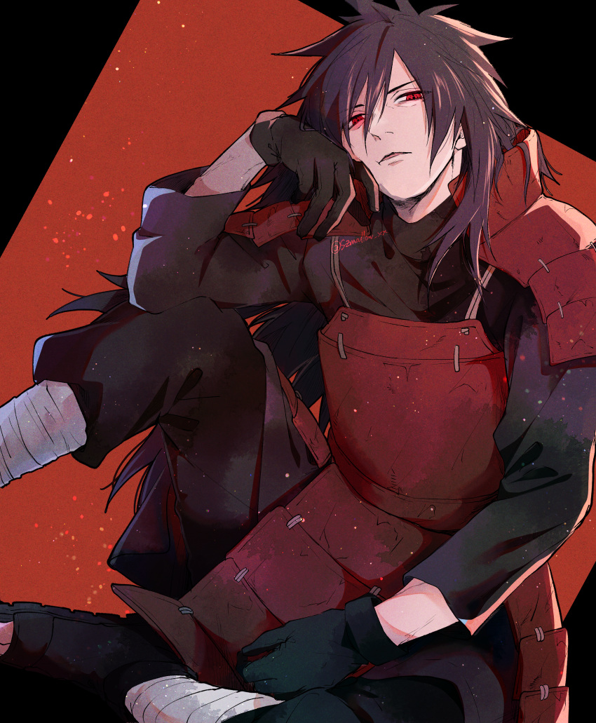 1boy :t absurdres armor black_gloves black_hair black_pants black_shirt breastplate gloves highres japanese_armor long_hair long_sleeves looking_at_viewer male_focus naruto_(series) open_mouth pants red_background shiny shiny_hair shirt shoulder_armor sitting solo straight_hair suzu_(tg_390) twitter_username uchiha_madara very_long_hair