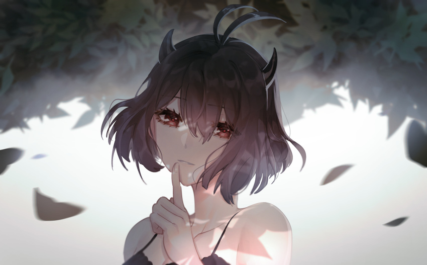 1girl absurdres althea_jade antenna_hair black_clover black_dress black_hair demon_horns dress finger_to_mouth highres horns leaf nero_(black_clover) pale_skin red_eyes secre_swallowtail solo