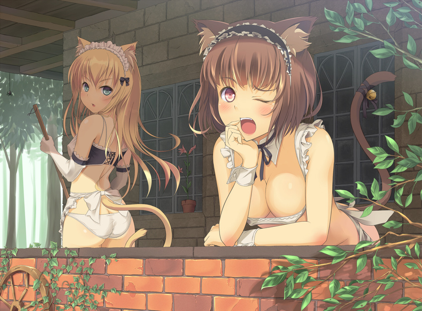 animal_ears apron ass bell blonde_hair blue_eyes breasts brick_wall brown_eyes brown_hair bug butt_crack cat_ears cat_tail cleavage detached_collar elbow_gloves gloves jingle_bell long_hair maid maid_headdress medium_breasts multiple_girls no_bra one_eye_closed original panties plant potted_plant shade short_hair spider supertie tail tail_bell underwear white_panties wrist_cuffs yawning