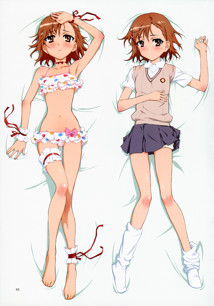 absurdres ankle_garter armpits artist_request barefoot bikini blush bow choker dakimakura feet frilled_swimsuit frills hair_ornament hairpin highres leg_garter lowleg misaka_mikoto multiple_views navel official_art polka_dot polka_dot_swimsuit ribbon school_uniform shorts skirt socks swimsuit tankini to_aru_kagaku_no_railgun to_aru_majutsu_no_index wrist_cuffs