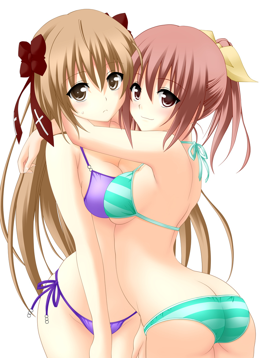 absurdres artist_request ass bikini breasts brown_eyes brown_hair cleavage highres hug long_hair mayoi_neko_overrun! medium_breasts midriff multiple_girls naruko_kanae ponytail ribbon serizawa_fumino side-tie_bikini striped striped_bikini striped_swimsuit swimsuit transparent_background