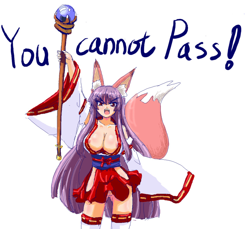 adapted_uniform animal_ears areolae breasts english enoko_(zqfebi) fang fox_ears fox_tail hakama japanese_clothes kokonoe_aya large_breasts long_hair lord_of_the_rings miko nipple_slip nipples no_panties oekaki original parody pubic_hair purple_hair pussy red_eyes red_hakama solo staff tail thighhighs uncensored very_long_hair