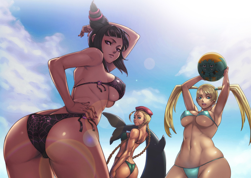 :d arm_up armpits arms_up ass back ball bare_shoulders beachball beret bikini black_hair blanka blonde_hair blue_eyes braid breasts cameltoe cammy_white cloud covered_nipples curvy day drill_hair fangs fingernails han_juri hand_on_hip hat highres hips large_breasts lens_flare long_fingernails long_hair looking_at_viewer looking_back multiple_girls nail_polish no_mask o-ring o-ring_top open_mouth purple_eyes purple_nails rainbow_mika sethxzoe shiny shiny_skin side-tie_bikini silk skindentation sky smile spider_web spider_web_print street_fighter street_fighter_iv_(series) street_fighter_zero_(series) string_bikini swimsuit tan toned twin_braids twin_drills twintails underboob wide_hips