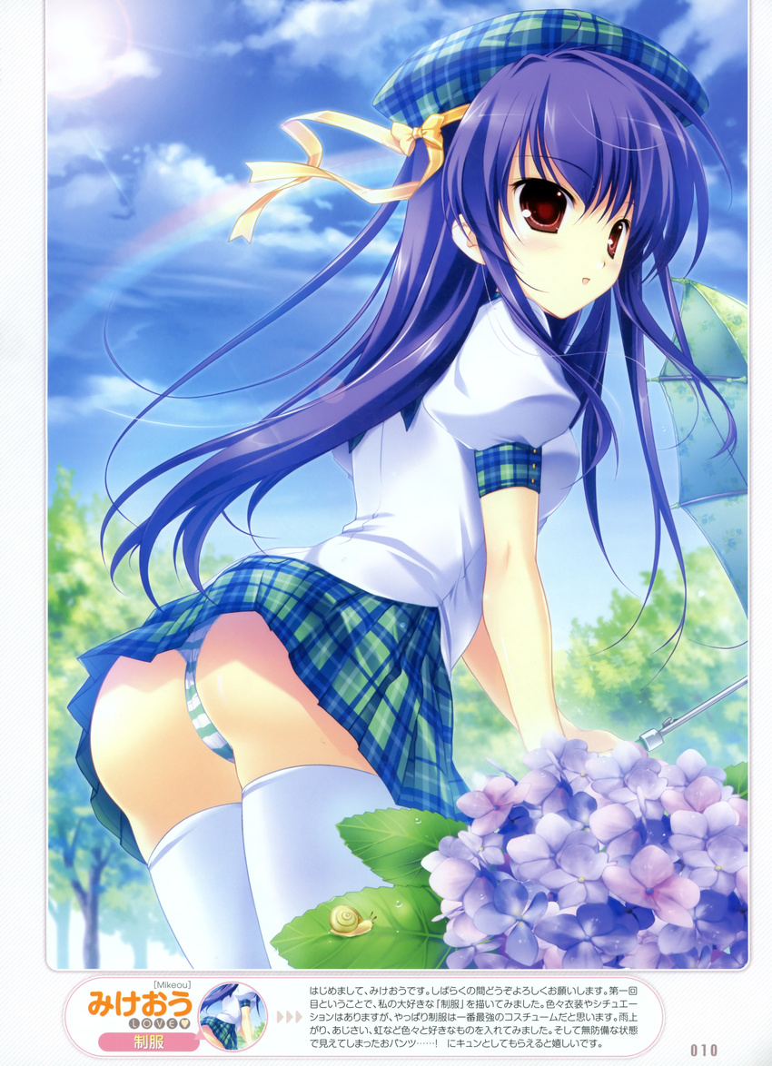 absurdres ass bow copyright_request day flower forest from_behind hat highres leaning_forward long_hair mikeou nature panties plaid plaid_skirt purple_hair rainbow ribbon school_uniform skirt sky snail solo striped striped_panties thighhighs umbrella underwear white_legwear