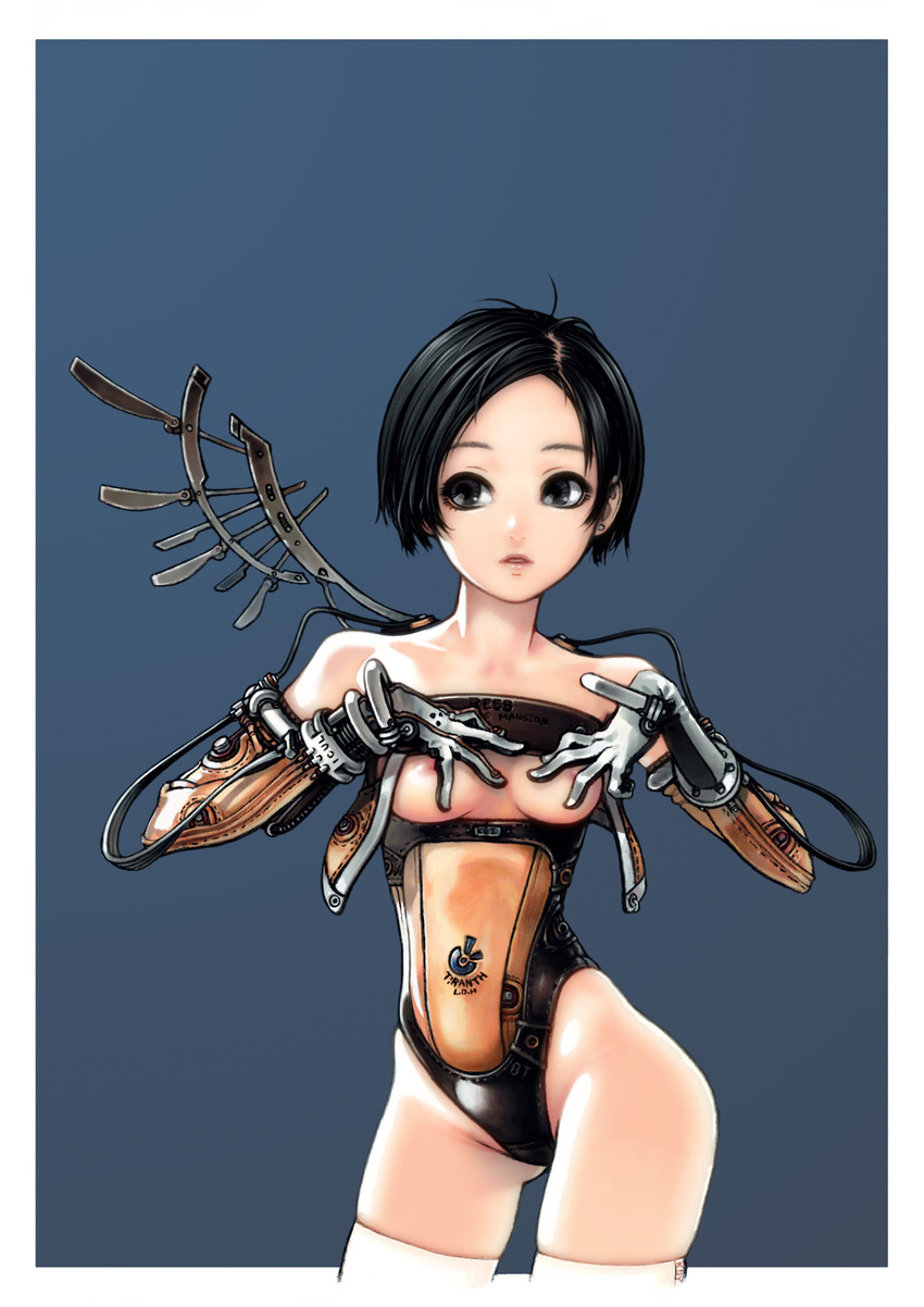 bare_shoulders black_eyes black_hair breastless_clothes breasts covering covering_breasts highres kdog mechanical_wings medium_breasts original short_hair single_wing solo thighhighs wings