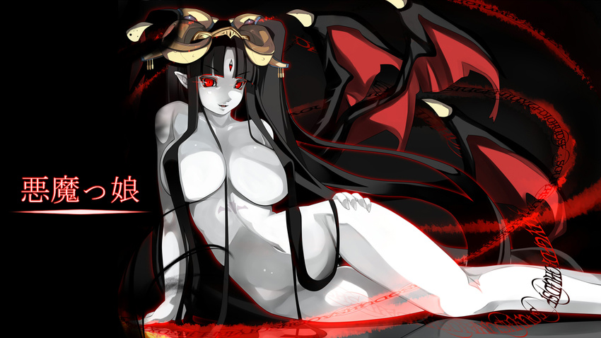 ass_visible_through_thighs black_hair breasts breasts_apart demon_girl hair_censor hair_over_breasts hair_over_crotch horns huge_breasts long_hair navel nude original red_eyes shiki_(psychedelic_g2) solo thigh_gap translation_request white_skin wings