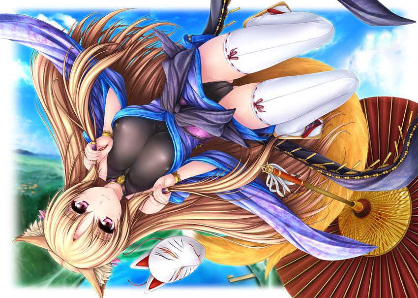animal_ears blonde_hair breast_squeeze breasts covered_nipples fox_ears fox_mask fox_tail highres large_breasts mask oriental_umbrella original red_eyes solo tail thighhighs umbrella uni8 upside-down white_legwear