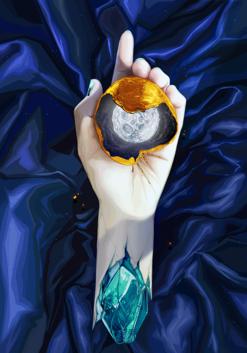 1other androgynous aqua_nails bed_sheet blue_background cracked_skin full_moon gold hand_focus highres holding houseki_no_kuni light_particles moon orb other_focus phosphophyllite phosphophyllite_(gemstone) quanxiahanyan severed_hand severed_limb solo surreal