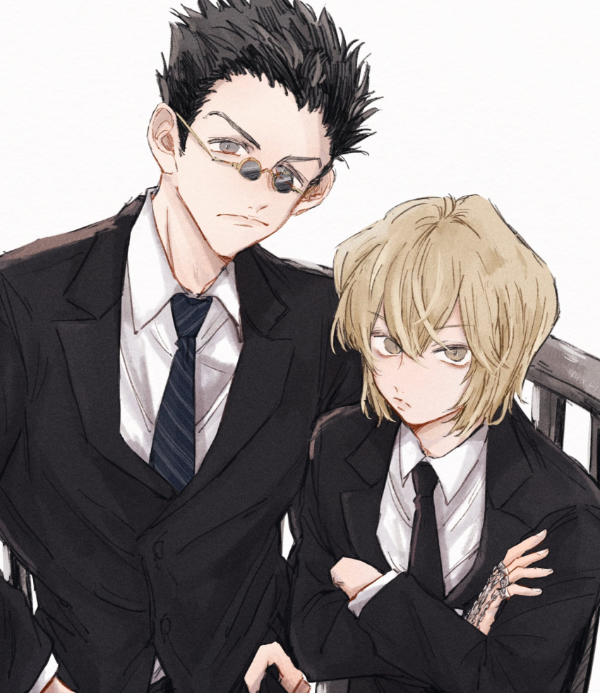 2boys bishounen black_hair blonde_hair business_suit closed_mouth commentary_request formal glasses highres hunter_x_hunter kurapika leorio_paladiknight long_sleeves looking_at_viewer male_focus multiple_boys necktie shirt short_hair simple_background suit sunglasses white_shirt yuehxh