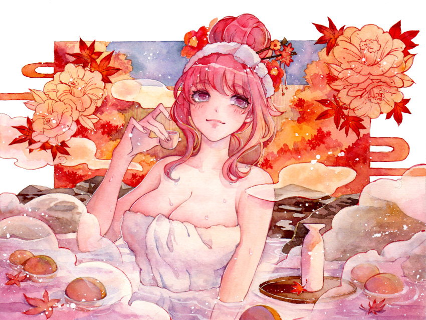 1girl absurdres autumn_leaves bangs bath bathing blush border breasts choko_(cup) cleavage closed_mouth commentary cup english_commentary flower hair_bun hair_flower hair_ornament highres holding holding_cup large_breasts leaf looking_away looking_to_the_side maidmafia maple_leaf medium_hair naked_towel onsen orange_flower original outside_border partially_submerged pink_eyes pink_hair rock sidelocks smile solo steam tokkuri towel upper_body water wet white_border