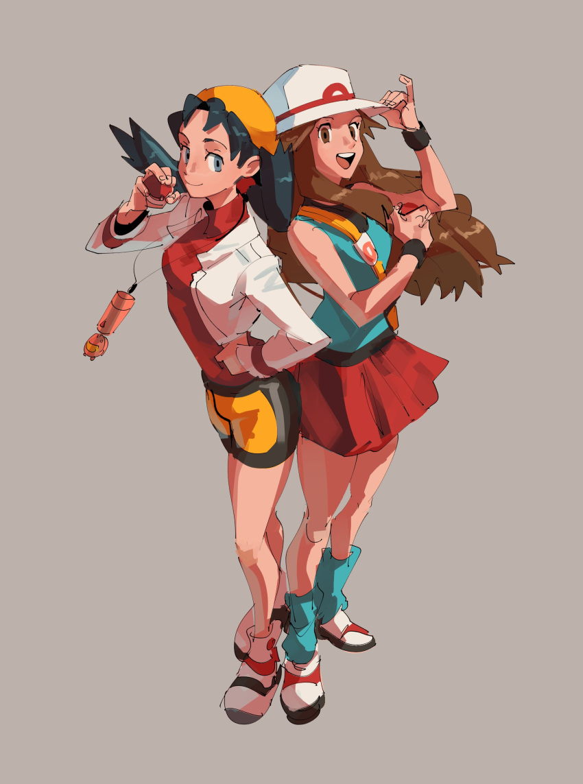 2girls absurdres aqua_eyes aqua_hair bag bare_legs bike_shorts black_wristband blue_shirt blue_socks brown_eyes brown_hair bucket_hat closed_mouth cropped_jacket grey_background hand_on_hip hat highres holding holding_poke_ball jacket kendy_(revolocities) kris_(pokemon) leaf_(pokemon) legs long_hair loose_socks messenger_bag multiple_girls open_mouth pleated_skirt poke_ball pokegear pokemon pokemon_(game) pokemon_frlg pokemon_gsc red_shirt red_skirt shirt shoes shoulder_bag side-by-side skirt sleeveless sleeveless_shirt smile socks standing vs_seeker white_footwear white_headwear white_jacket wristband yellow_bag yellow_headwear