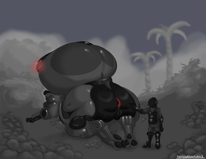 anal big_butt blush butt darkfurry2 duo faceless_character feet female genitals grey_body gun hi_res human invalid_background machine male male/female mammal metal not_furry plant pussy ranged_weapon robot stones tree weapon
