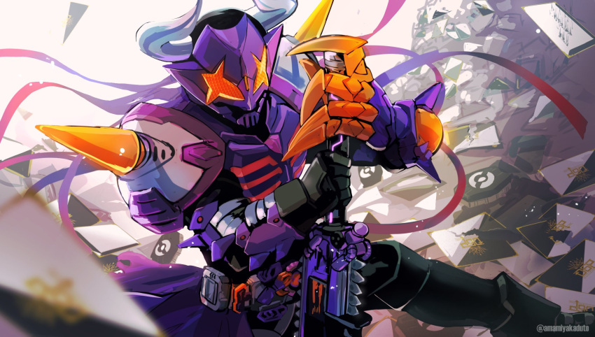1boy amamiyakaduto black_bodysuit black_footwear black_gloves bodysuit boots buffalo bull chainsaw claw_(weapon) commentary_request cowboy_shot dutch_angle gloves gradient_hair highres horns kamen_rider kamen_rider_buffa kamen_rider_geats_(series) landing long_hair male_focus multicolored_hair purple_hair purple_scarf red_hair reverse_grip scarf shoulder_spikes spikes sword tokusatsu weapon white_background zombie_breaker zombie_buckle