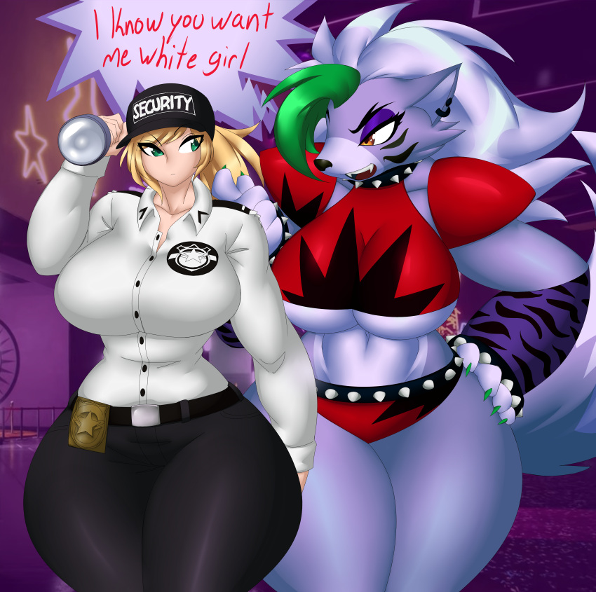 absurd_res animatronic anthro big_breasts blonde_hair breasts camel_toe canid canine canis dialogue duo english_text female female/female five_nights_at_freddy's five_nights_at_freddy's:_security_breach flashlight green_eyes hair hand_on_hip hi_res human kreativekailyn machine mammal robot roxanne_wolf_(fnaf) scottgames security_guard security_uniform text thick_thighs under_boob vanessa_(fnaf) video_games wolf