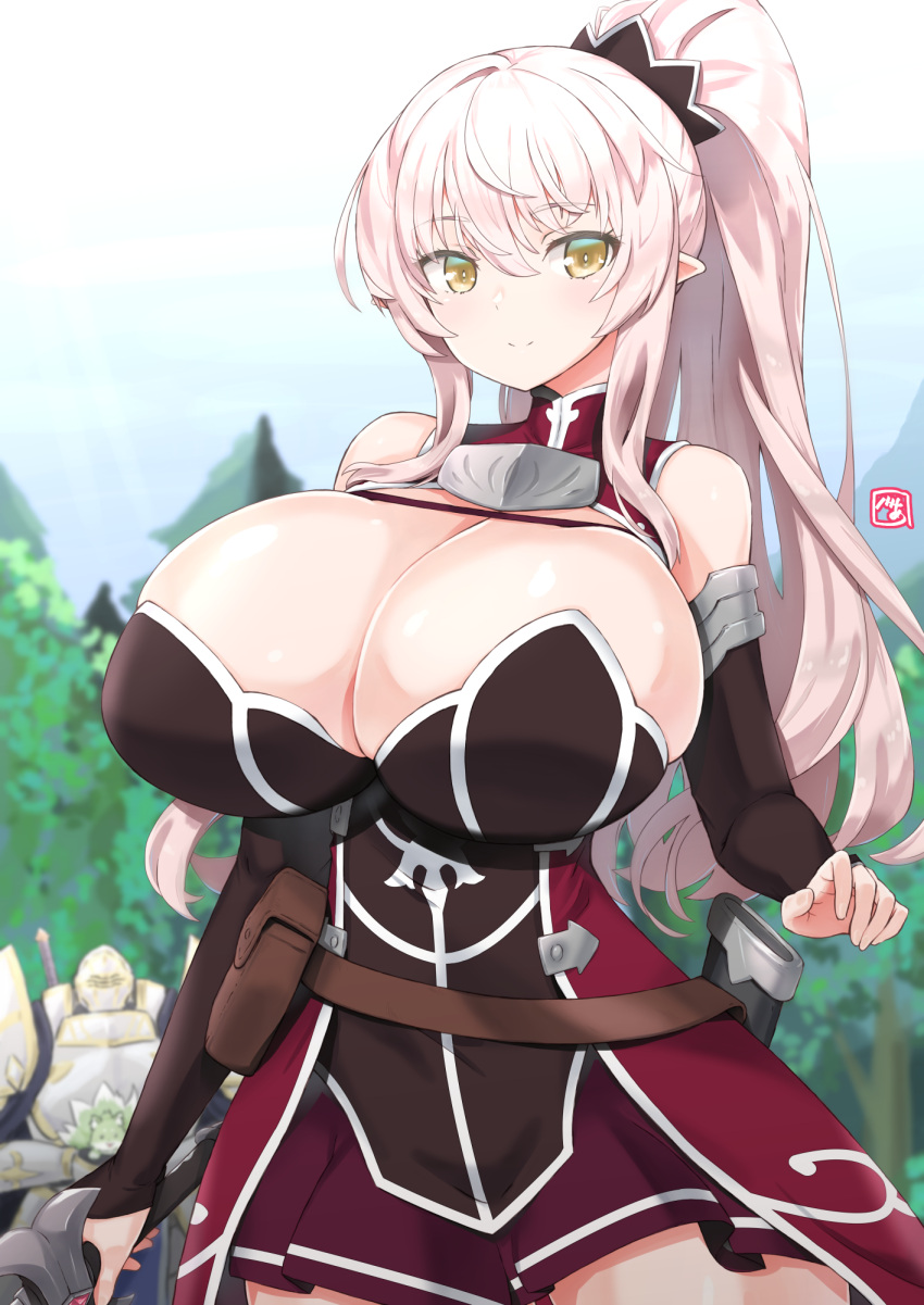 1boy 1girl 2022 ariane_(gaikotsu_kishi-sama_tadaima_isekai_e_o_dekake-chuu) bare_shoulders bea_(bropmlk) blonde_hair breasts cleavage closed_mouth day detached_sleeves gaikotsu_kishi-sama_tadaima_isekai_e_o_dekake-chuu highres holding holding_sword holding_weapon huge_breasts long_hair long_sleeves looking_at_viewer outdoors pointy_ears ponytail sheath smile solo_focus standing sword weapon yellow_eyes