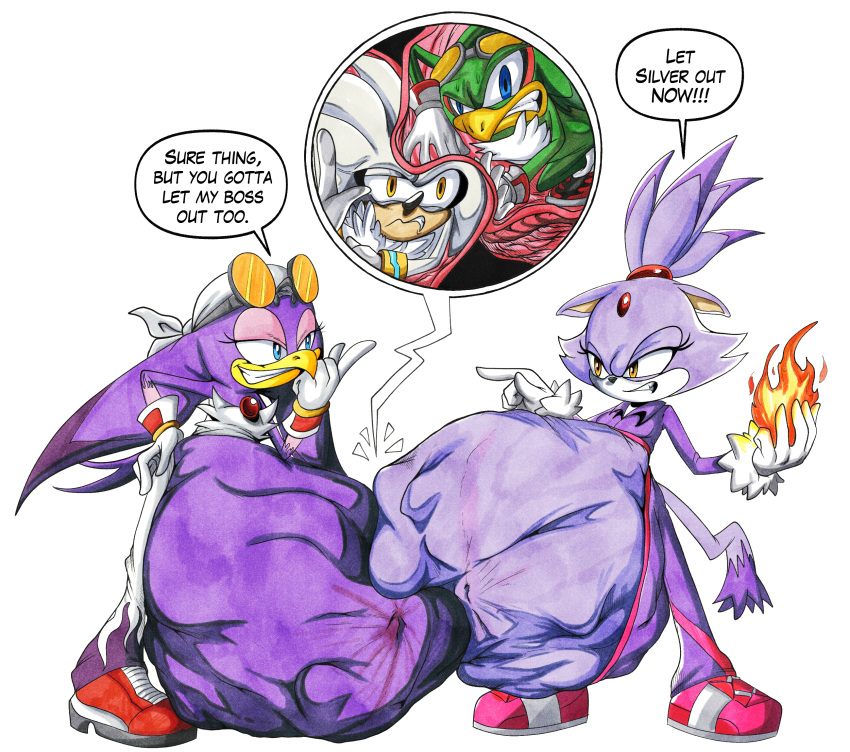 abdominal_bulge after_vore anthro belly big_belly blaze_the_cat dialogue female female_pred group hi_res internal jet_the_hawk killboo male male/female oral_vore same_size_vore sega silver_the_hedgehog sonic_riders sonic_the_hedgehog_(series) speech_bubble vore wave_the_swallow