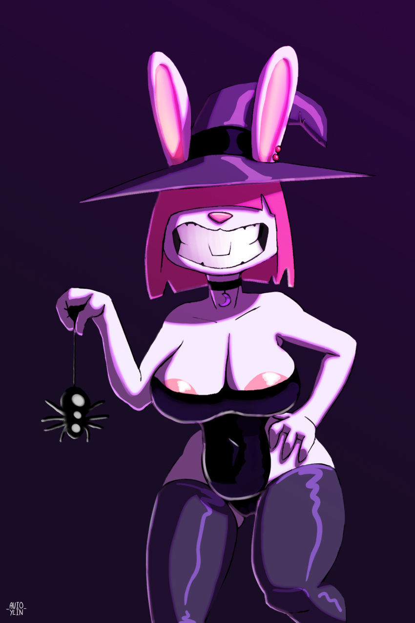 ale_(lenomon) anthro arachnid areola arthropod avioylin breasts buckteeth cleavage clothed clothing female halloween halloween_2022 halloween_costume halloween_decoration hat headgear headwear hi_res holidays lagomorph legwear leporid mammal nipple_outline nipples rabbit simple_background smile solo spider teeth thick_thighs thigh_highs witch_costume witch_hat